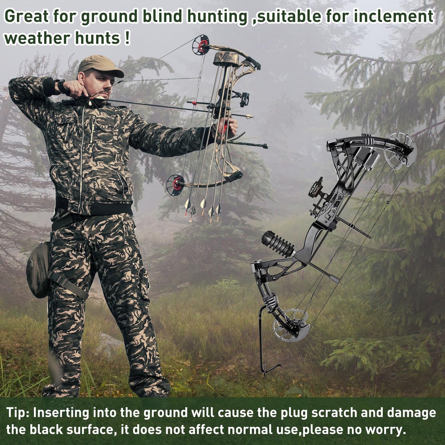 2 Pack Ground Bow Holder, Hunting Blind Bow Holder with Self-Adhesive Camouflage Tape Wrap Bow Holder Archery Ground Stake Bow Holder Rubber Coating Compound Bow Holder for Ground