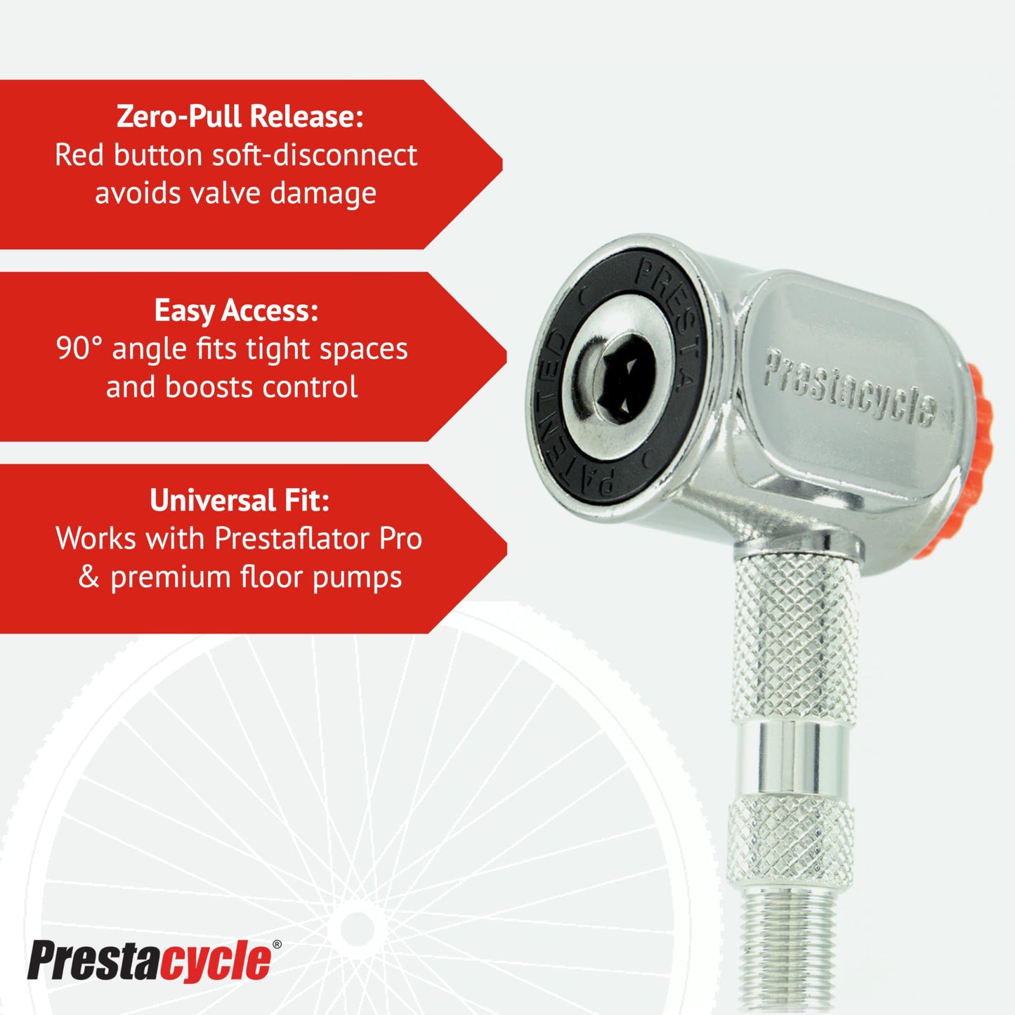 Prestacycle Pro Presta Head – Auto-Lock Bicycle Tire Pump Head for Tubeless & Presta Valves, 90° Steel Design, Presta Valve Pump, Presta Adapter, Compatible with Prestaflator Pro & Premium Floor Pumps