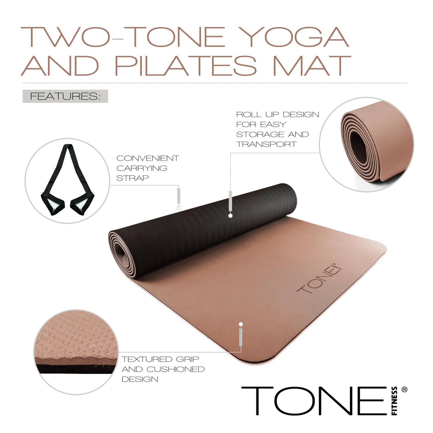 TONE Fitness Yoga Mat 1/4" Thick Non Slip Exercise & Pilates Mat for Home Workouts with Carrying Strap | Pyramid Pattern | Black/Blue