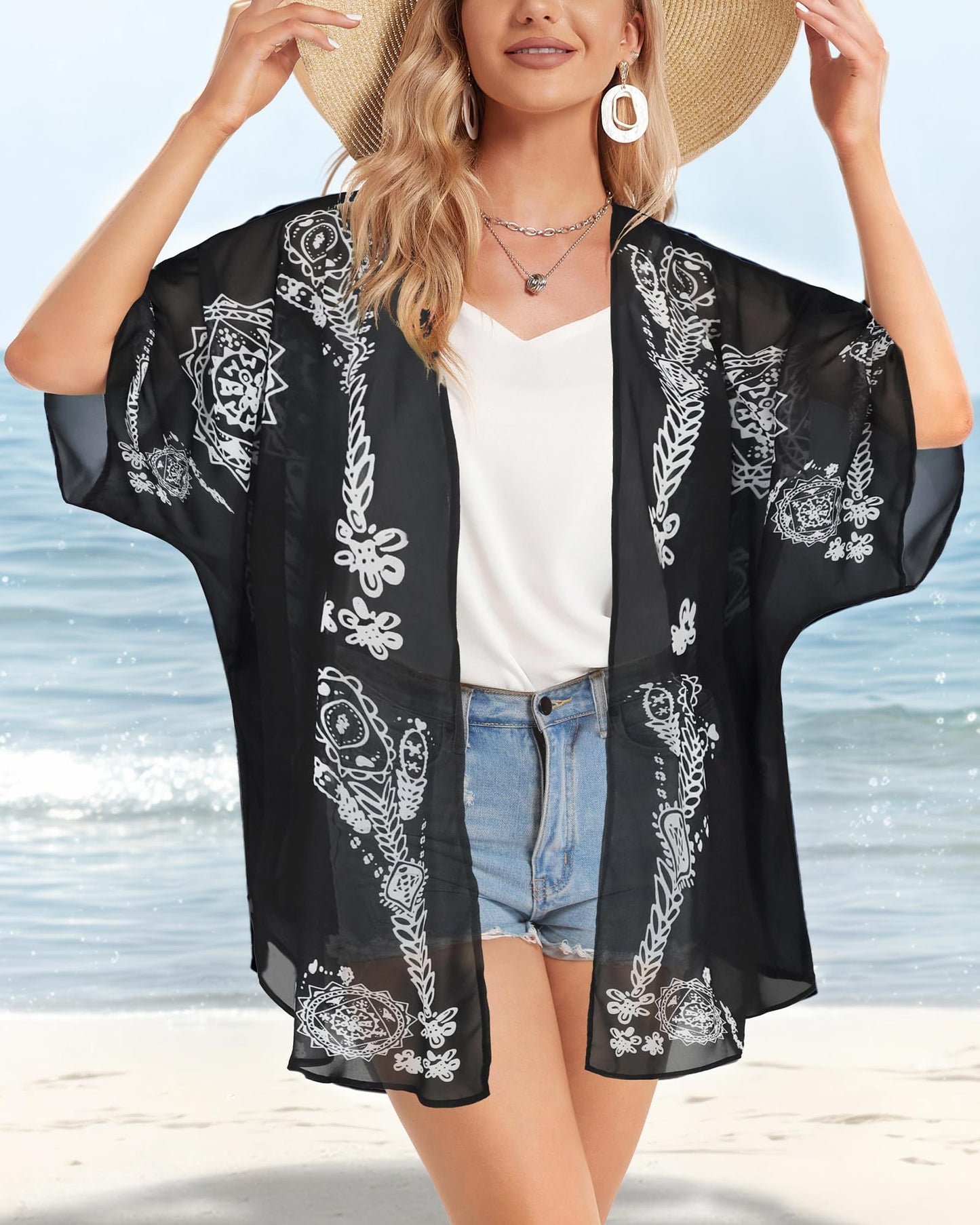 Summer Kimono Cardigan for Women Sheer Boho Tops Casual Open Front Swimwear Shirts Beach Cover ups (Caftan Black,5XL)