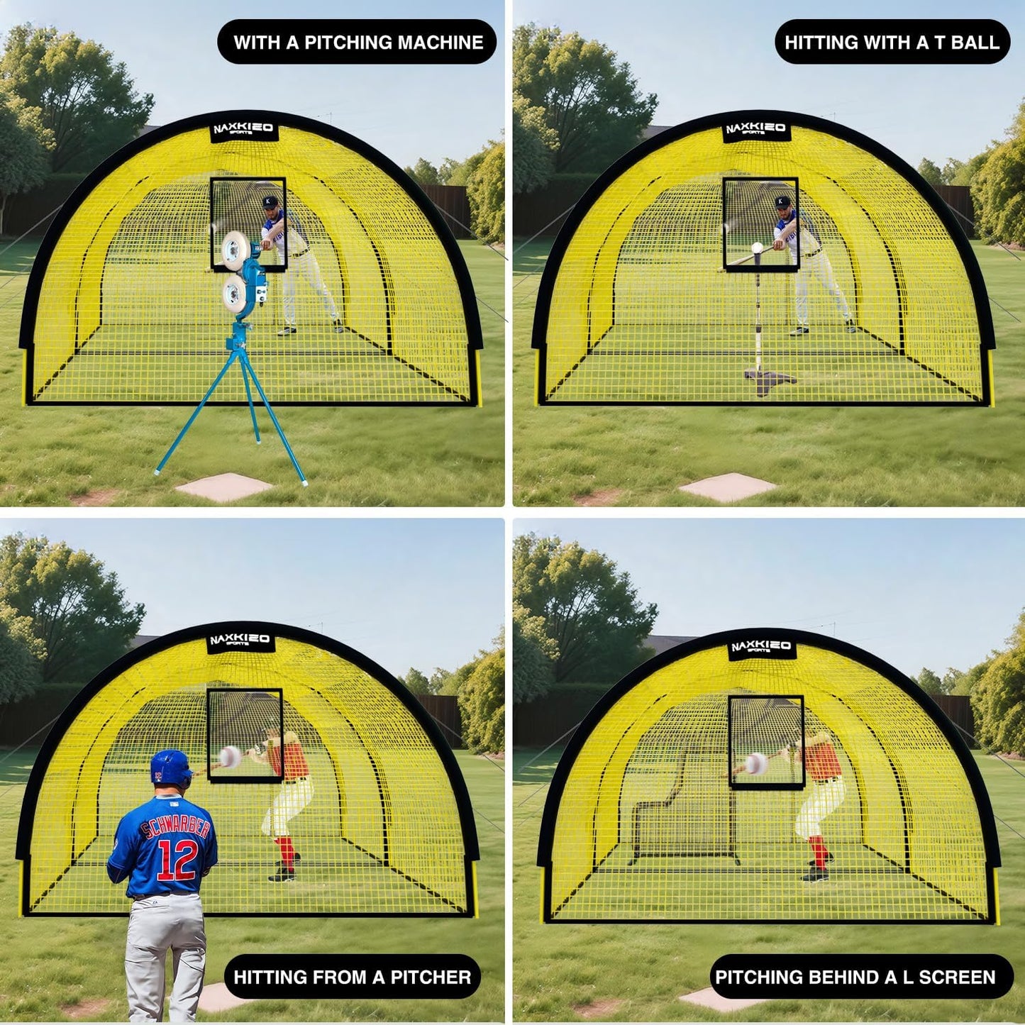 22ft x 12ft x 8ft Baseball Batting Cage Net with Pitching Machine Hole, Portable Batting Cages for Backyard, 4ply Yellow Netting, Zippered Backing Door