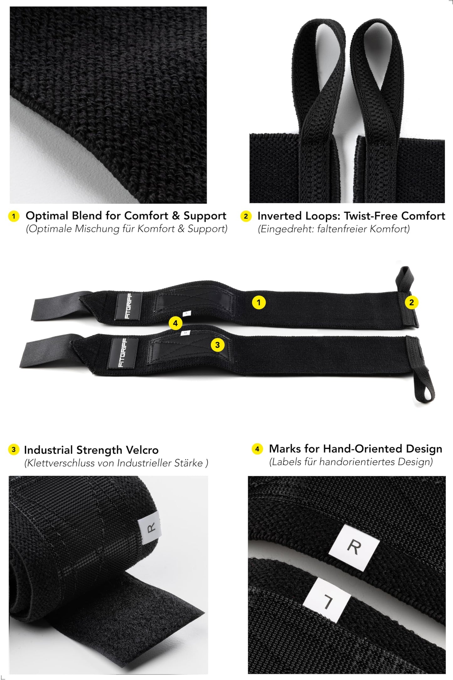 Fitgriff® Lifting Straps & Wrist Wraps (Bundle) Superior Support for Weightlifting & Gym Workouts - for Men and Women (Full Black)