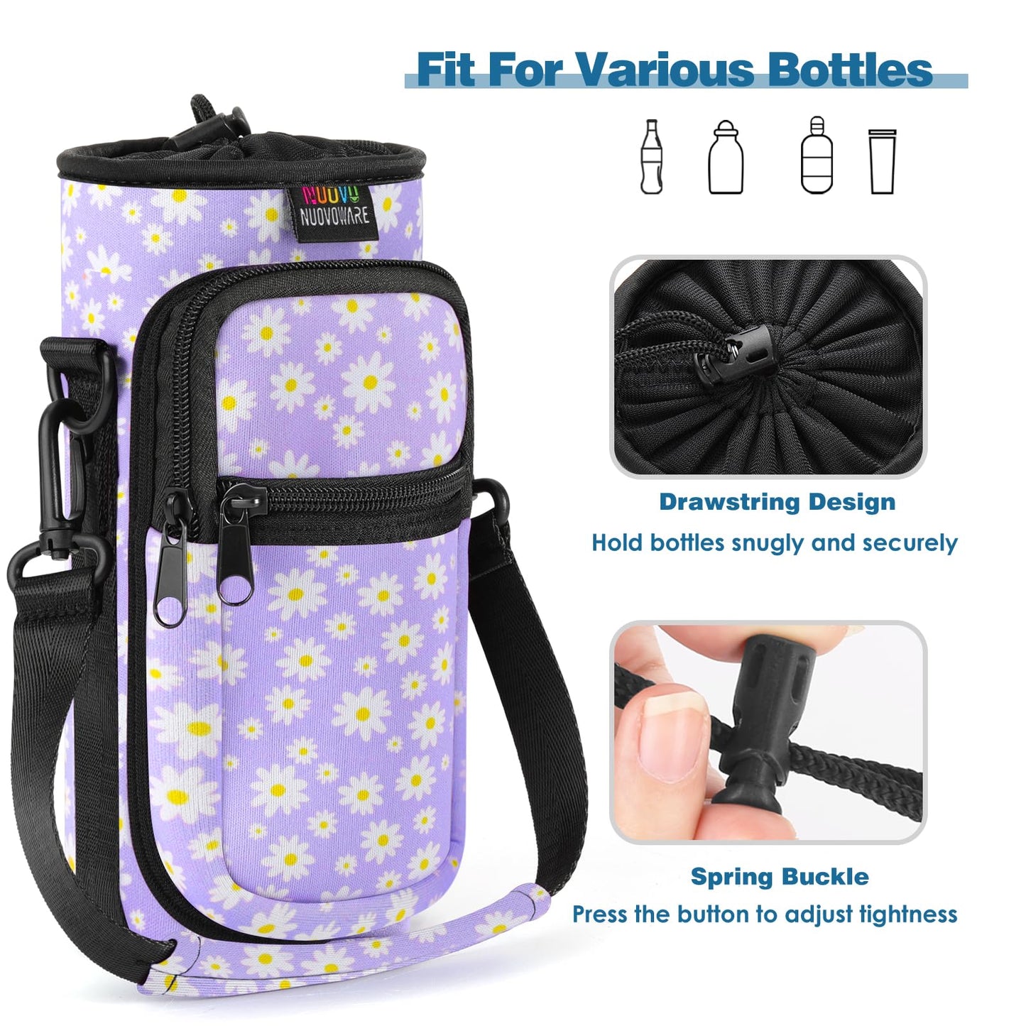 Nuovoware Water Bottle Carrier Bag, 25oz/32oz Bottle Pouch Holder, Adjustable Shoulder Hand Strap 2 Pocket Sling Neoprene Sleeve Sports Accessories for Hiking Travelling Camping, PurpleDaisy