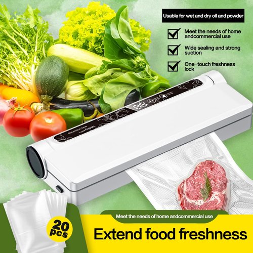 Portable Vacuum Sealer Machine for Food Storage, 75KPA Strong Suction, Dry/Wet Modes with One-Touch Seal, Includes 20 Bags & Digital Timer, Compact for Home Kitchen, Camping, Travel