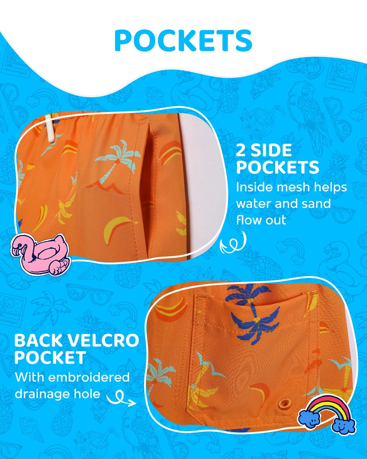 maamgic Boys Swim Trunks with Compression Liner 4-Way Stretch Quick Dry Swim Shorts Swimming Trunks Toddler Boy Coconut Orange 3T