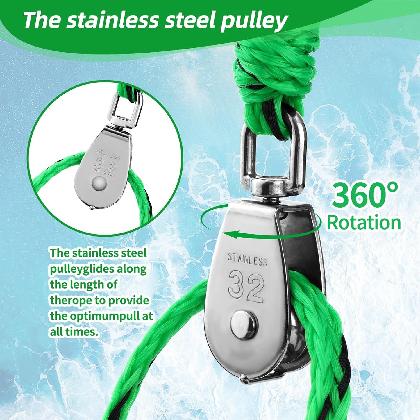 16FT Tow Rope for Tubing Tow Harness with Pulley Water Sport Lines Water Sports Tow Rope Heavy Duty Boat Tow Harness with 2 Stainless Steel Hook