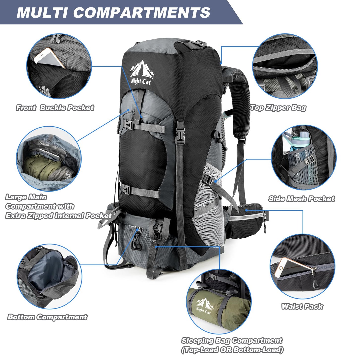 Night Cat Hiking Backpacks 70L Camping Backpacking Packs for Men Women Lightweight Outdoor for Mountaineering Traveling, No Internal Frame