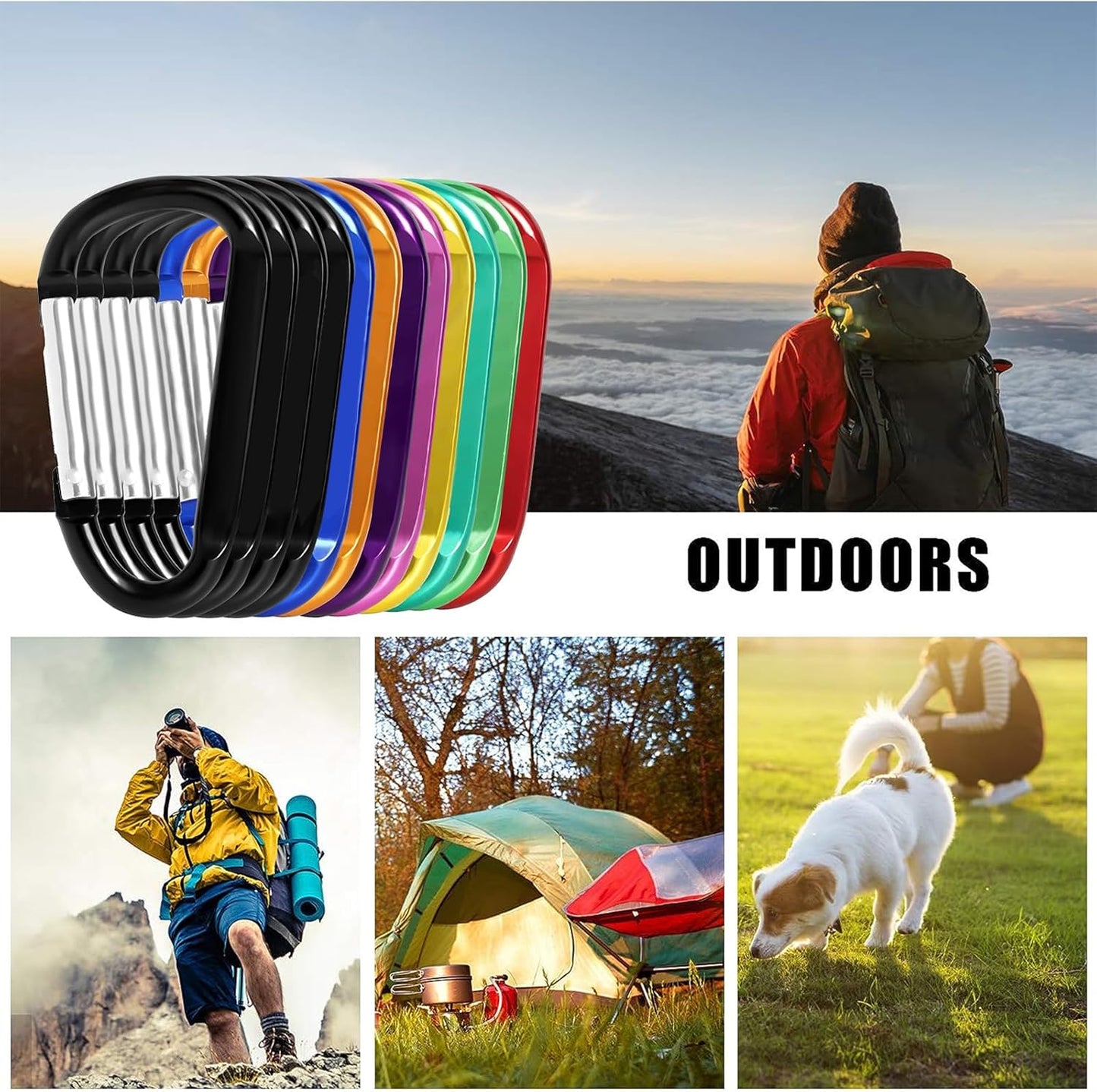 12PCS Carabiner Keychain Clip - 3" Aluminum Carabeaner Key Clip,D Ring Shape Caribeener Hook Buckle,Spring Snap Key Chain Clips