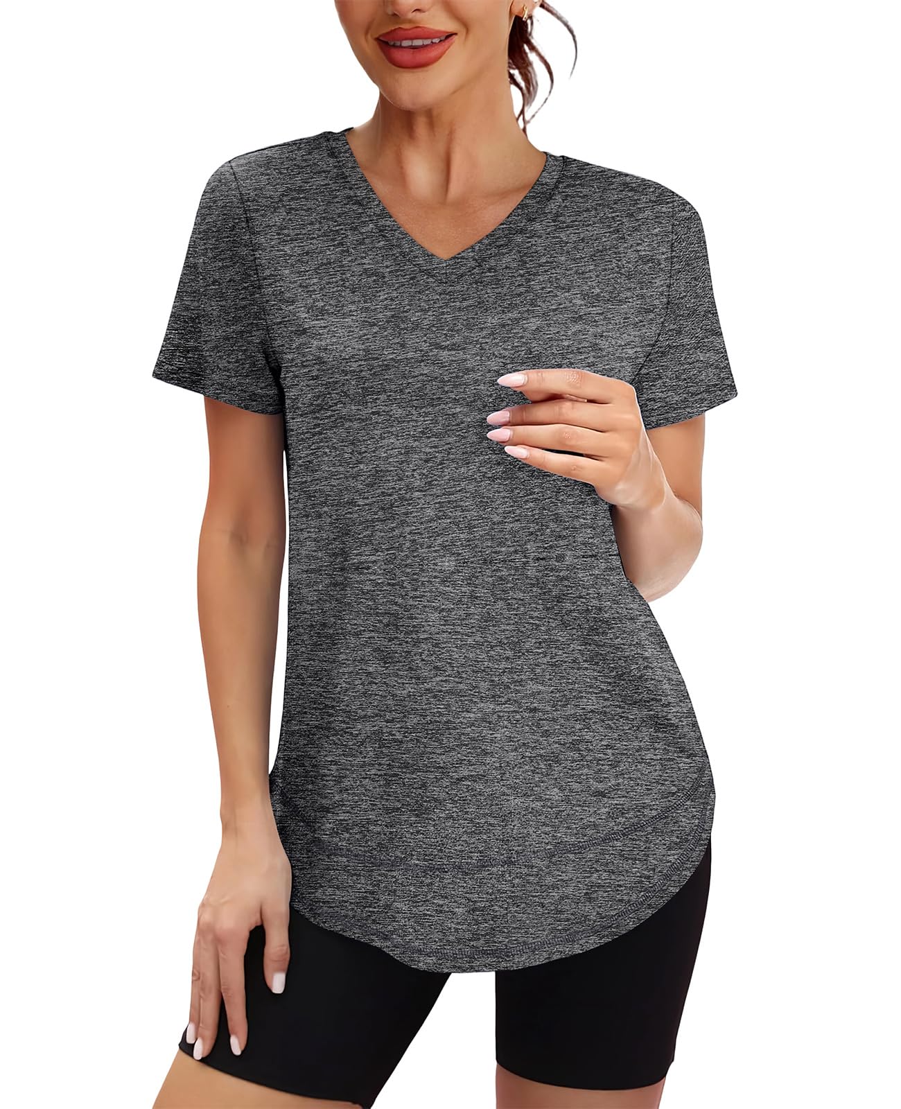 Short Sleeve Shirts for Women Workout Yoga Tops Sun Protection Clothing Summer Outfits Rash Guard Side Slit V Neck Dark Grey XL