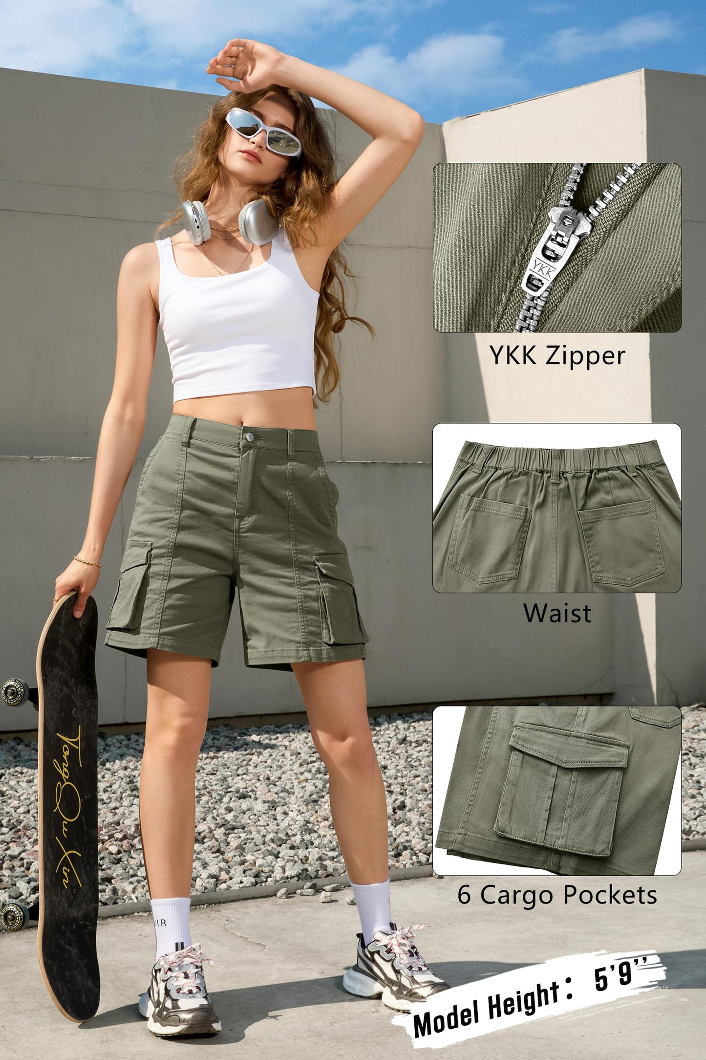 IVIR Bermuda Shorts for Women Cargo Shorts 7 Inch Inseam Knee Length Y2K Summer Outfits Fashion Green Large