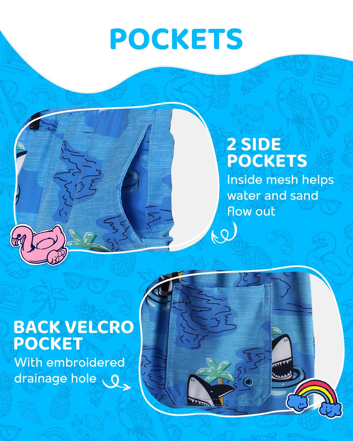 maamgic Boys Swim Trunks with Compression Liner Toddler Boy Swimsuit Quick Dry 4-Way Stretch Swimming Trunks Swim Ring Shark Blue 10-12 Years