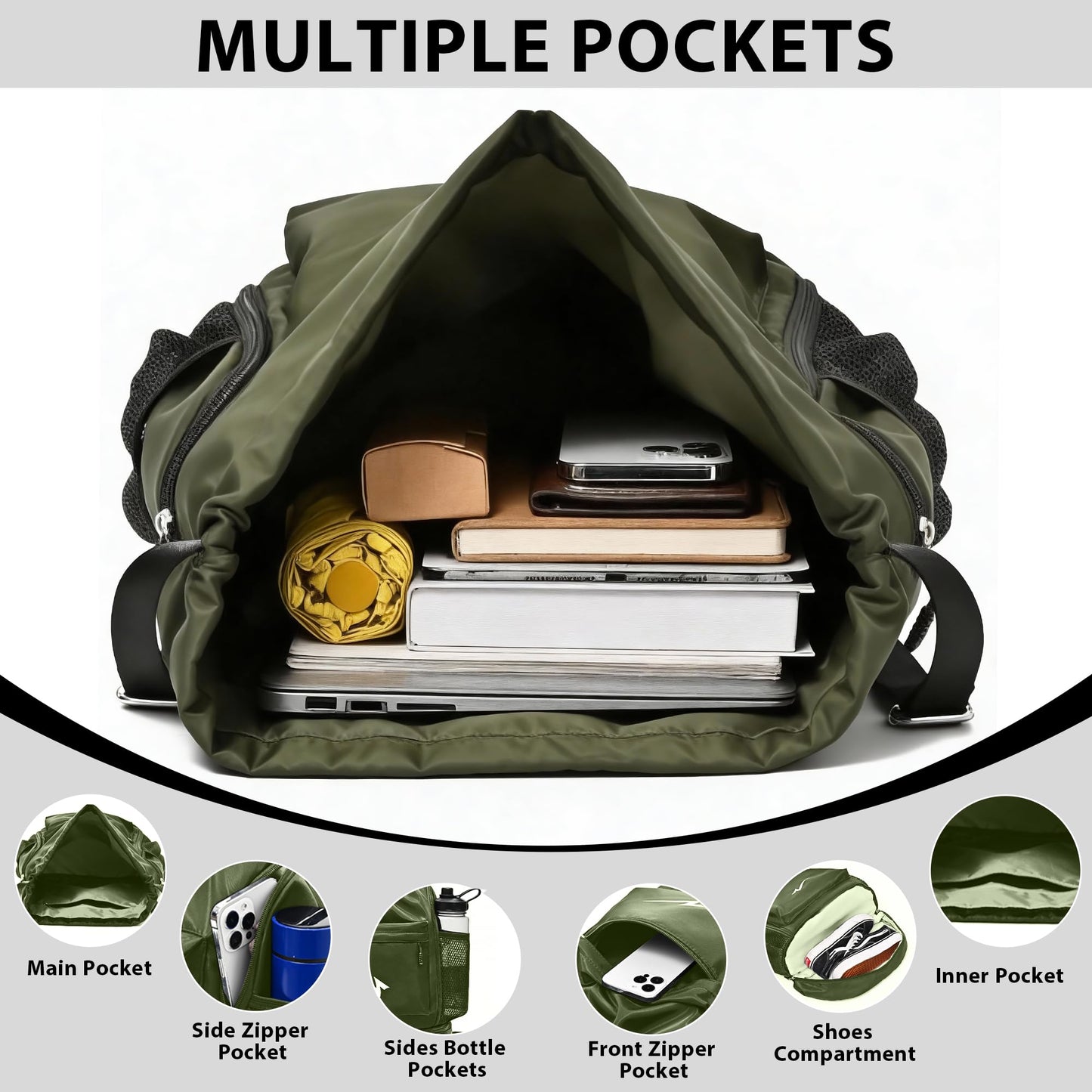U·helper Sport Drawstring Backpack, Gym Bag with Mesh Side Pockets and Separate Shoe Compartment, Water-Resistant (Army-Green)