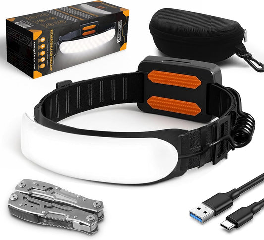 1500 Lumens Rechargeable LED Headlamp for Adults, 230° Wide Beam, Adjustable Light Bar, 5000mAh Battery, IPX6 Waterproof + Multitool – Camping, Hiking, Running, Hunting & Construction