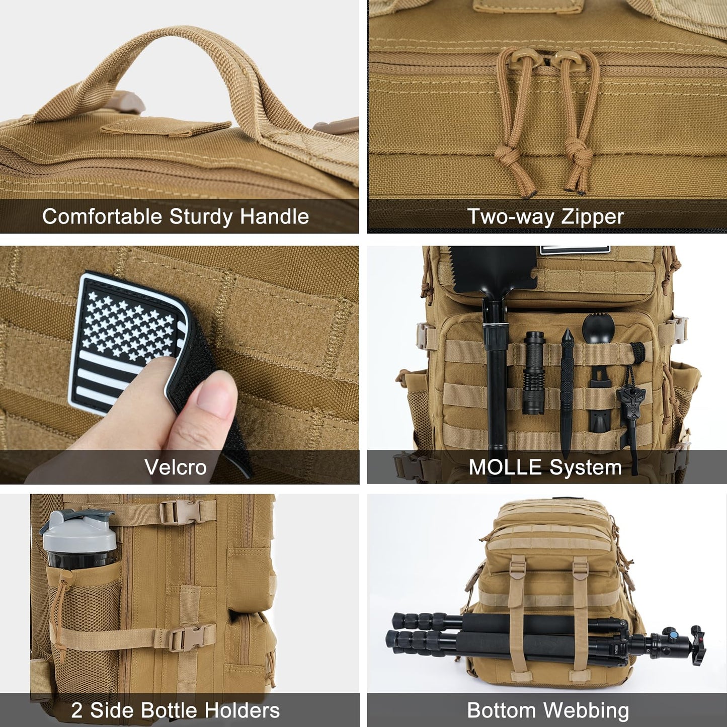 kookoomia Military Tactical Backpack 50L Large Day Backpack for Men Molle Army 3 Days Assault Pack Bug Out Bag Water Resistant and Heavy Duty Hiking Treeking Rucksack - Brown