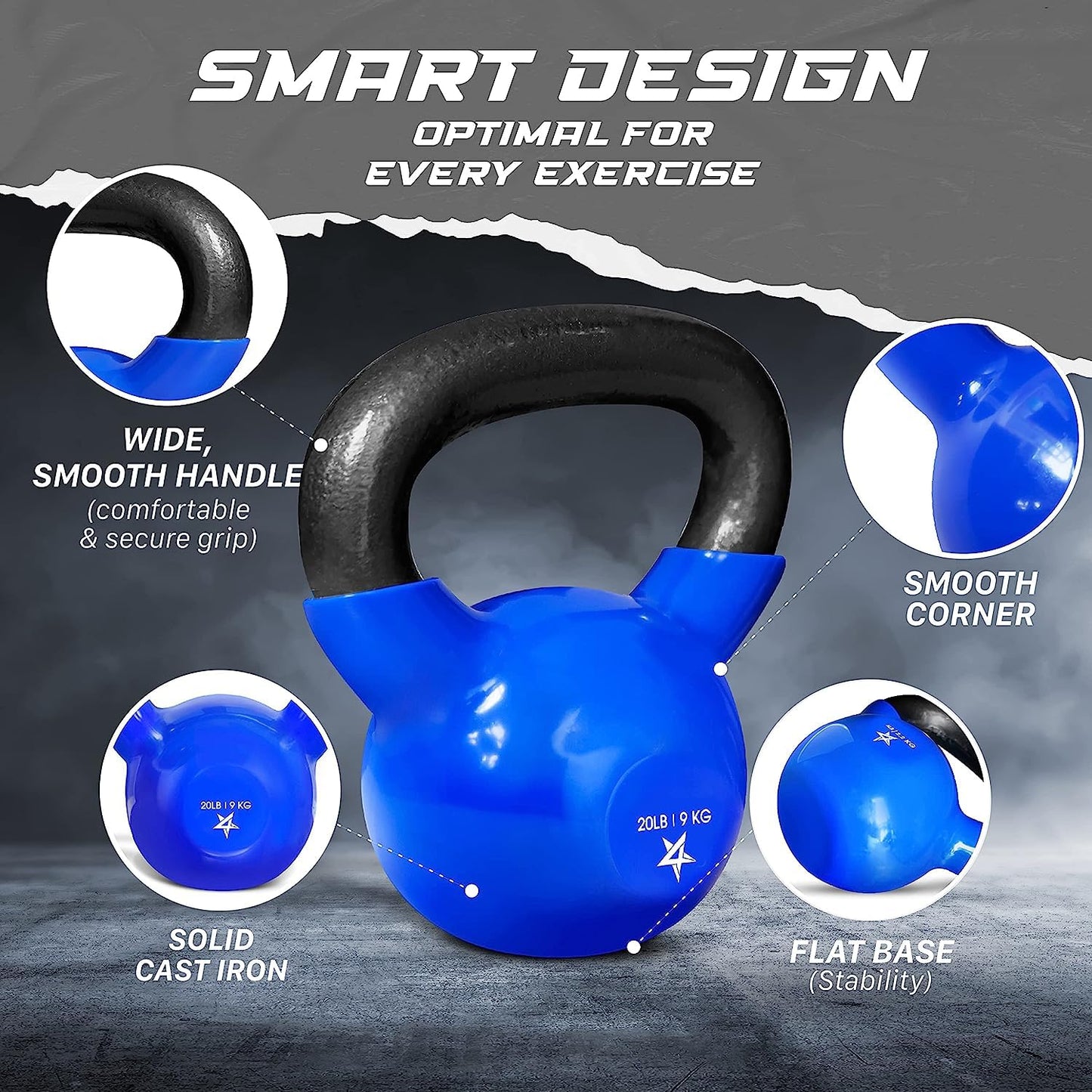 Yes4All Kettlebell, 20 lb Vinyl Coated Cast Iron Strength Training Kettlebells for Home Gym Exercises, Heavy Weights Gym, Fitness, Full Body Workout Equipment, Push up, Grip, Strength Training - Blue