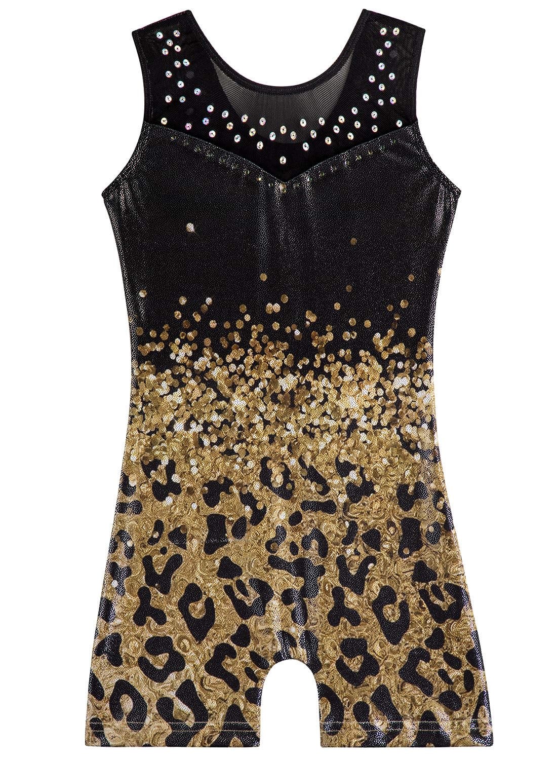 Gymnastics Leotards for Girls Toddler Ballet Dance Tumbling Outfits 9 10 Kids Sleeveless Gymnastic Biketard with Shorts Sparkly Dancwear Unitards Clothes Bodysuit (Gold Leopard, 9-10 Years)