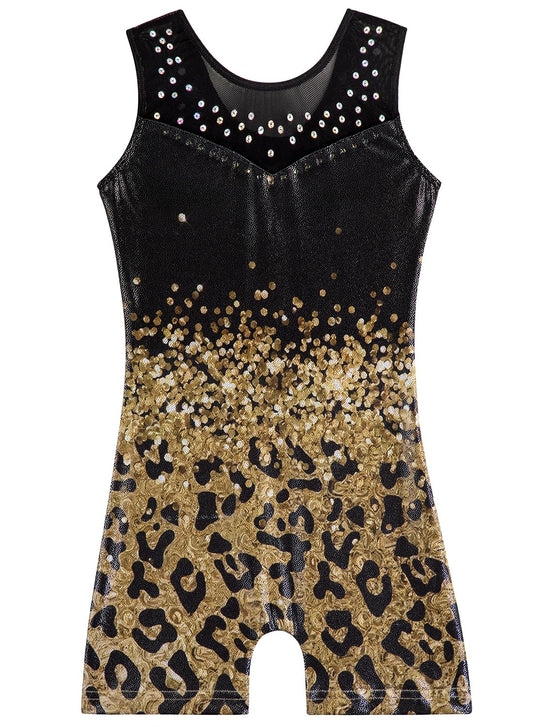 Gymnastics Leotards for Girls Toddler Ballet Dance Tumbling Outfits 9 10 Kids Sleeveless Gymnastic Biketard with Shorts Sparkly Dancwear Unitards Clothes Bodysuit (Gold Leopard, 9-10 Years)