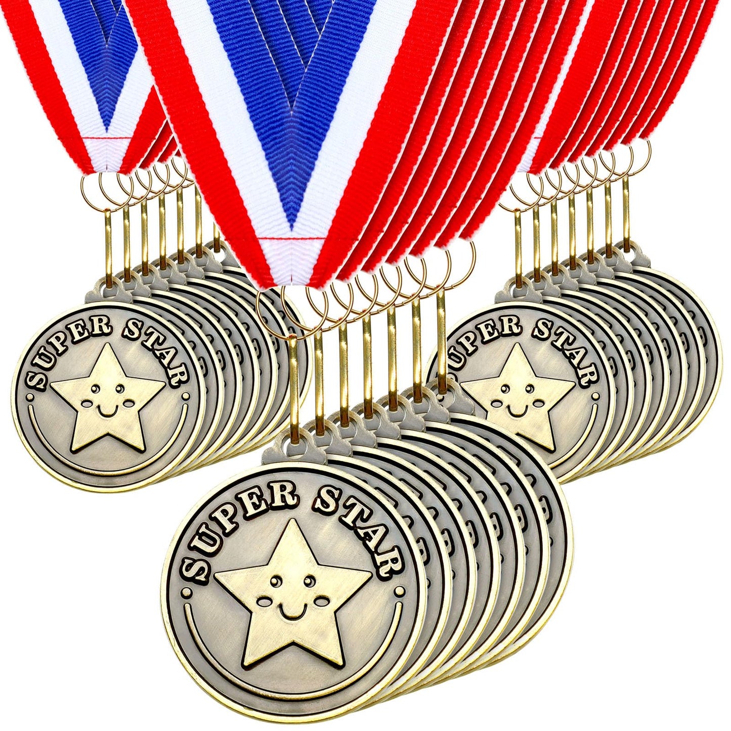 Remuuly 30 Pcs 30/60/100 Pcs Super Star Award Medals Hero Stuent Medals Bulk 2'' Gold Award Medallion with Neck Ribbon Metal Trophy Prize Gifts for Competition Party Favor Supplies (Super Star)