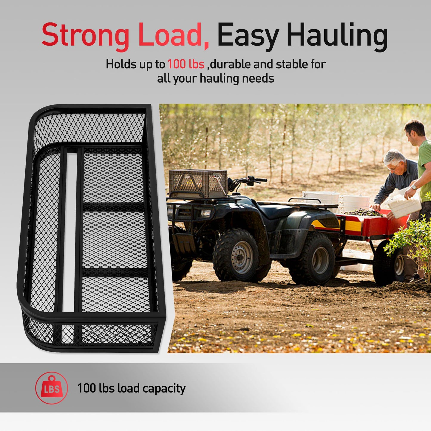 JY PERFORMANCE ATV Front Cargo Basket, Heavy Duty ATV Racks and Baskets for Camping, Fishing, Beach Side, Hiking, 36" L x 17.3" W x 6.3" H