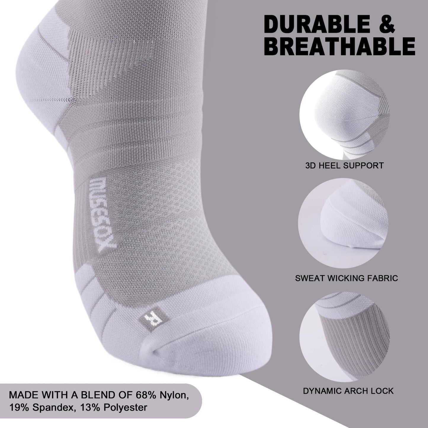 musesox Compression Socks for Women and Men,Knee High 15-20mmHg Graduated Support(3 Pairs) for Nurses,Travel,Black Gray Green,Large