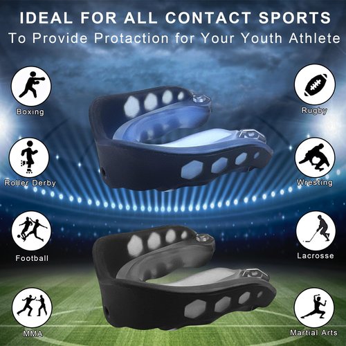 Football Mouth Guard, 2Pcs Mouthpiece Football, Youth Sports Mouth Guard with Strap Mouthguards for Youth and Adult Athletes, Hockey, Rugby, Boxing and Lacrosse