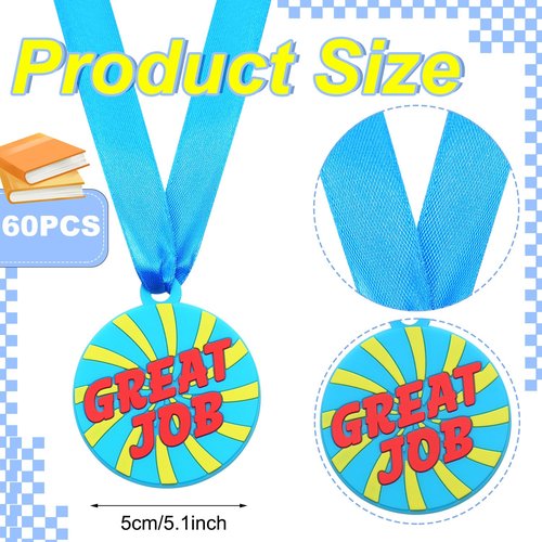 AmazingSpark 60 Pcs Great Job Rubber Medals, 2 Inch Rubber Award Medals Bulk with Ribbon Winner Encourage Team Participation for Trophy Award Prize Competitions Graduation