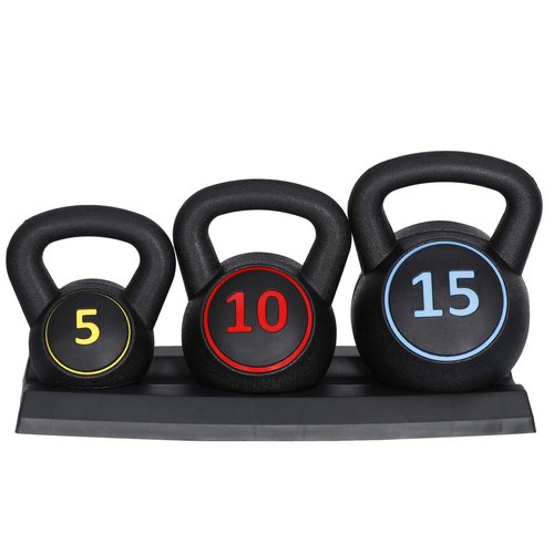 Saicool 3-Piece Kettlebell Set with Storage Rack, Wide Grip Strength Training kettlebells, 5 lbs 10 lbs 15 lbs, Exercise Fitness Concrete Weight, Full Body HIIT Workout