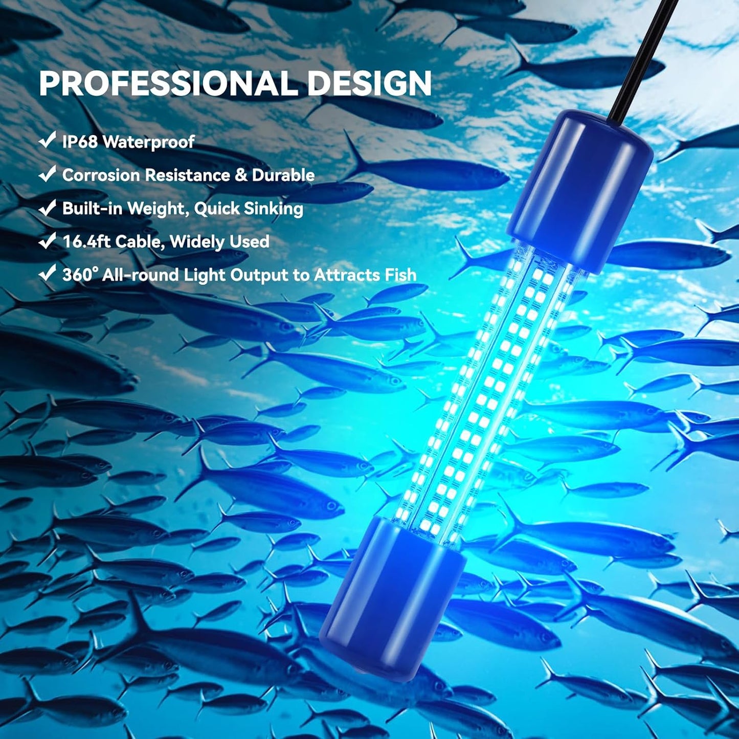 18W Underwater Fishing Light, IP68 Waterproof DC 12-24V LED Fish Bait Light Submersible Finder Attractants Lamp for Crappie Shrimp Squid Catfish + Battery Clamps, 16.4ft Cable Green/Blue/White Light