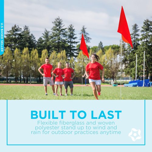 Get Out! Soccer Corner Flags Set of 4-60 Inch Training Agility Poles - Large 13 x 10 Inch Soccer Practice Flags - Spring Mounted Spike Anchored Corner Flag Poles for Outdoor Grass Fields