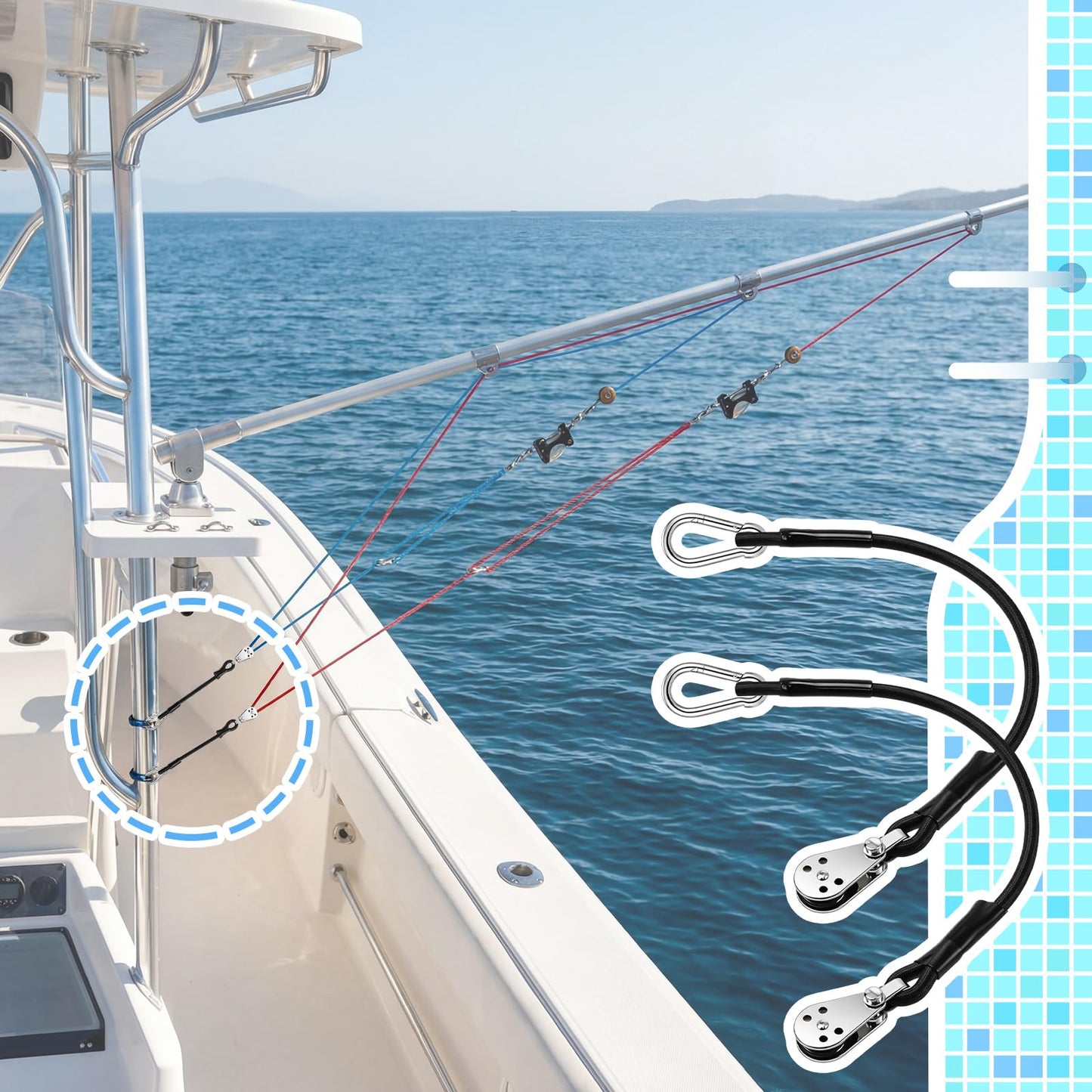 Yoojahow 2 Pcs Shock Cord with Stainless Steel Pulley 12", and Thick Nylon Rope, Outrigger Halyard Line Lock Pulley for Offshore Fishing, Ready to Install, Black
