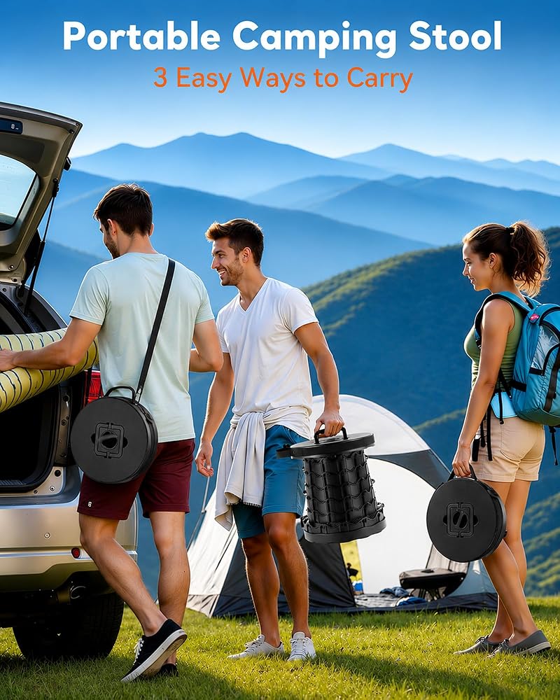 Imodomio Portable Heavy Duty Collapsible Stool - Adjustable Camping Chair (Black)