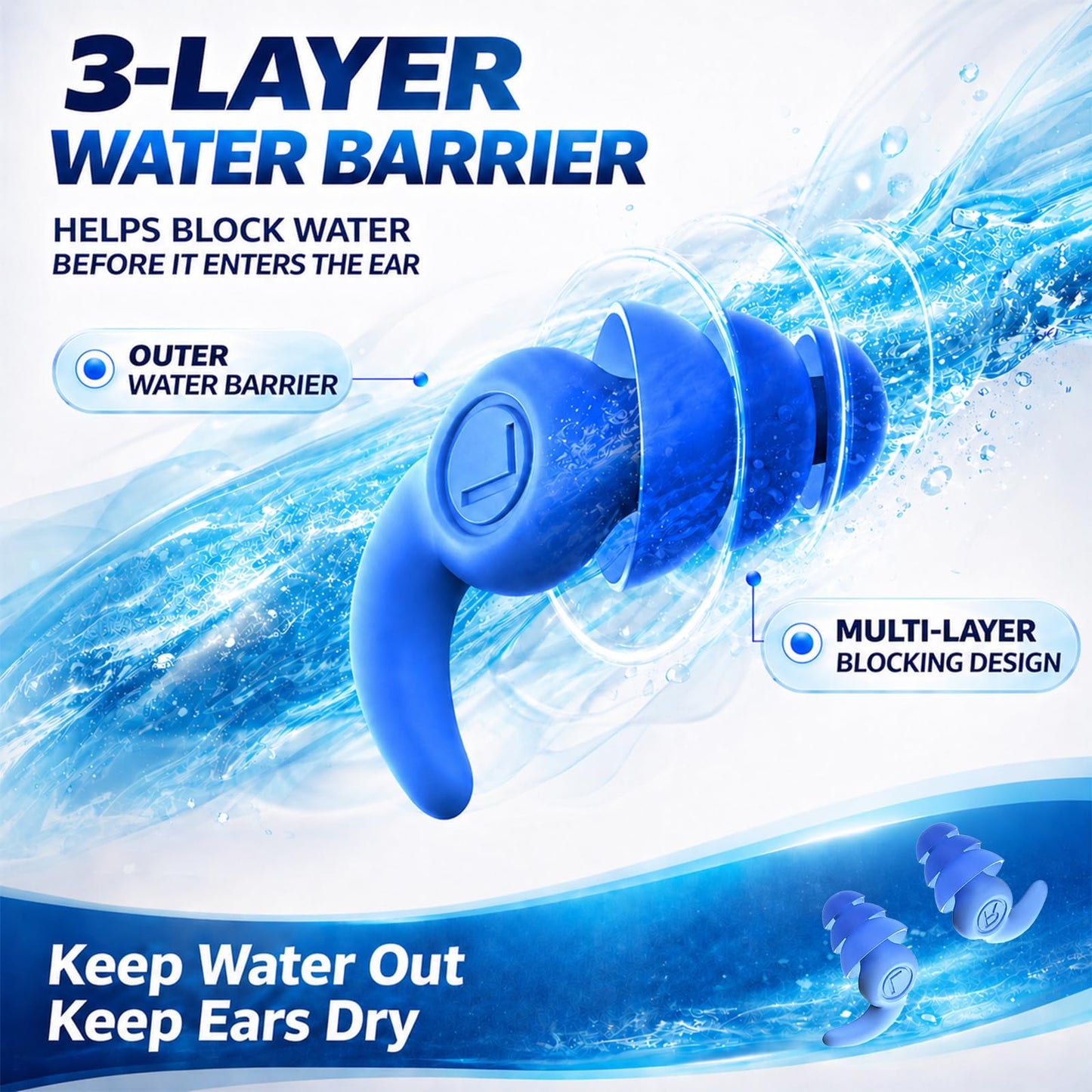 Waterproof Swimming Ear Plugs for Adults, 3 Pairs Reusable Silicone Swimmer Earplugs, Ear Protection for Showering Swimming Bathing Surfing and Other Water Sports