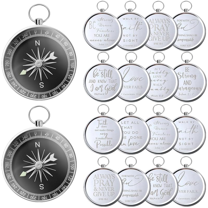 Compass Keychains Bulk Bible Scripture Gifts for Men & Women - 20 Pcs, Silver+20 Variation
