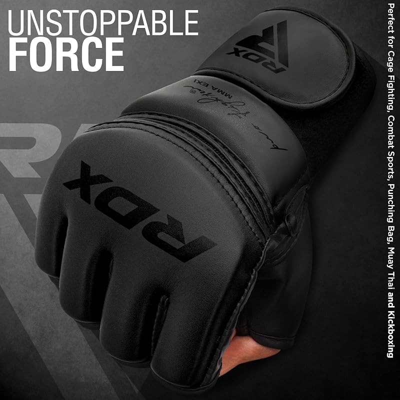 RDX MMA Gloves - Full Black+Large - Grappling, Muay Thai, Sparring, Leather