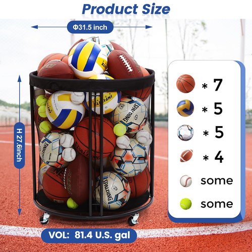 Ball Cart, 82 U.S. GALS Ball Bin, Rolling Basketball Storage Bin with Wheels for Garage, School, Ball Club, Indoor, Outdoor, Mesh Ball Organizer Garage (XXL)