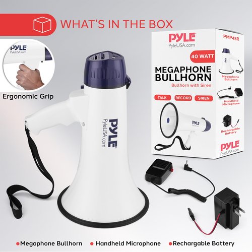 Pyle Compact Portable PA Megaphone Speaker - 40W Handheld Bullhorn with LED Flashlight, Alarm Siren, Adjustable Volume, Detachable Microphone, Battery Powered for Indoor & Outdoor Use