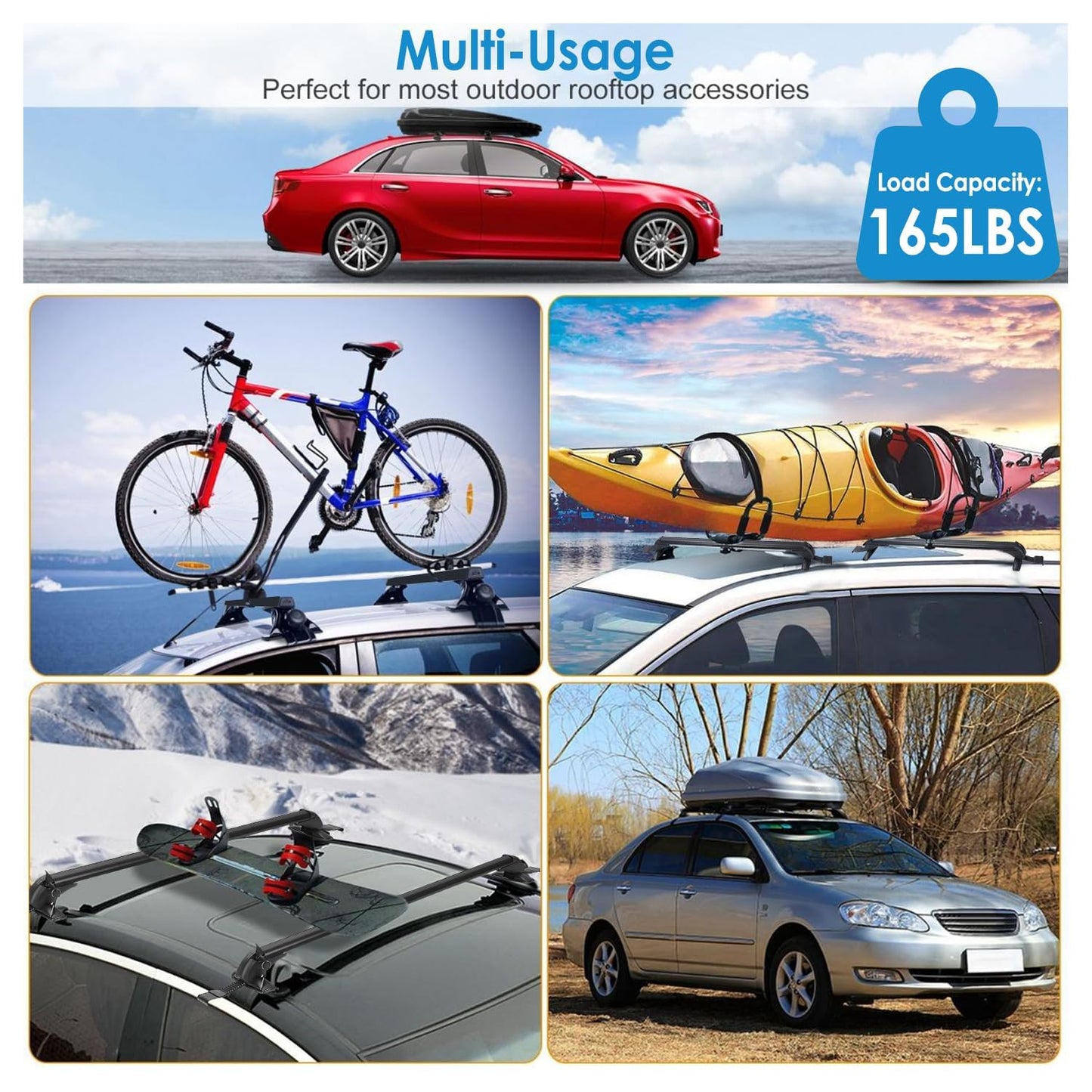 TeqHome Universal Roof Rack Cross Bars, 43-inch Aluminum Lockable Car Top Crossbars with Anti-Theft Lock, Adjustable Window Frame for Bare Roof Kayak Bike Rooftop Cargo Carrier Luggage 165 LBS Load