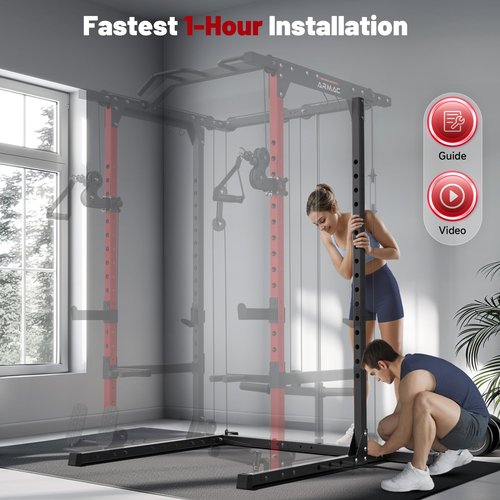 ARMAC Power Cage,1500lbs Multi-Function Power Rack with Adjustable Cable Crossover System and More Training Attachment, Weight Cage for Home Gym (Red01)