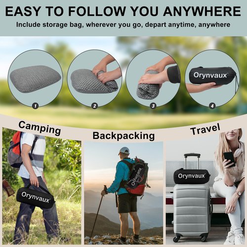 Memory Foam Camping Pillow - Lightweight & Portable Small Travel Pillow for Airplane & Train Travel Rest, Camping, Backpacking, Removable Washable Cover, Easy to Clean, Includes Storage Bag