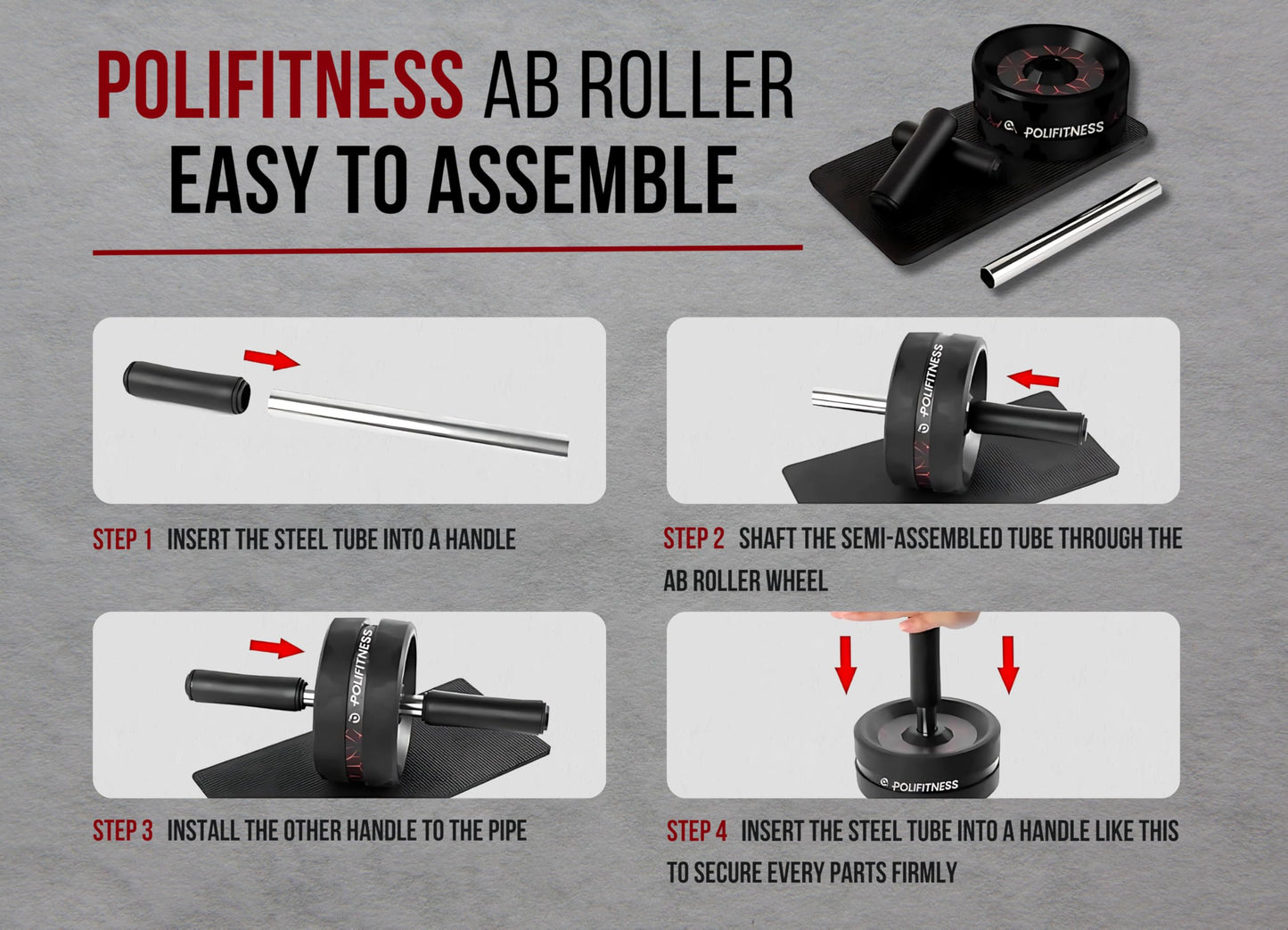 *POLIFITNESS* Ab Roller Wheel, Abs & Core Workout Equipment for Full-body Strength Training – Home Gym Exercise Wheel for Men and Women with Knee Pad Accessories