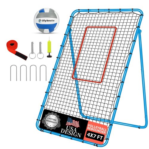 Adjustable Volleyball Rebounder Net 7x4 ft with PU Volleyball and Stakes - Bounce Back Training Equipment for Practicing Volleying, Bumping, Spiking, Easy Set Up & Steady for Multi Sports (Blue)