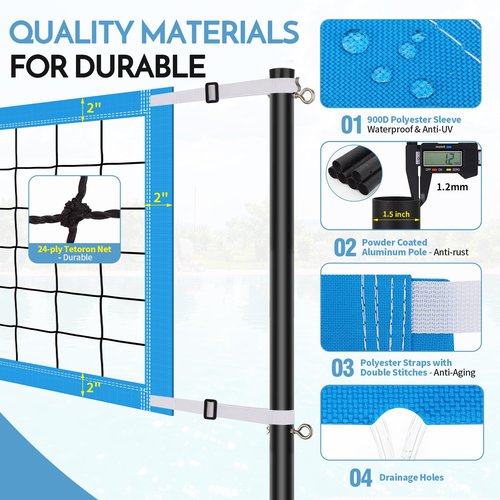 Base Free Swimming Pool Volleyball Net Set for Above Ground/Inground Pools with 3-Height Adjustable Aluminium Poles, Durable Anti-Sagging Net, 2 Water Volleyballs and Carry Bag (Blue)