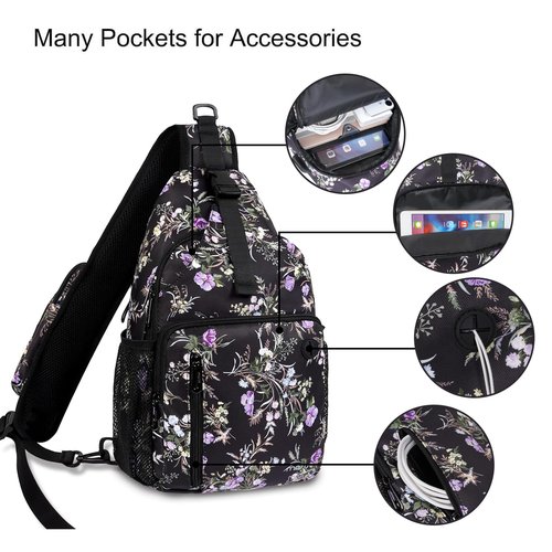 MOSISO Sling Backpack Bag, Wildflower Bouquet Crossbody Shoulder Bag Travel Hiking Daypack Chest Bag with Front Square Pocket&USB Charging Port, Black
