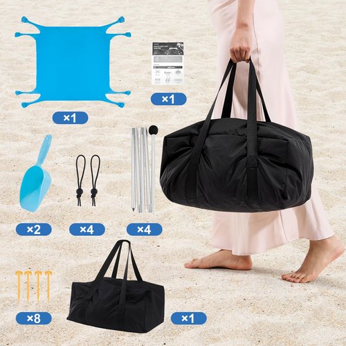Beach Tent Sun Shelter, Beach Shade Canopy UPF50+, 10x10ft Canopy Tent with 8 Sandbags, Sand Shovels, Ground Pegs & Stability Poles, Pop Up Shade Tents for Beach, Camping, Fishing