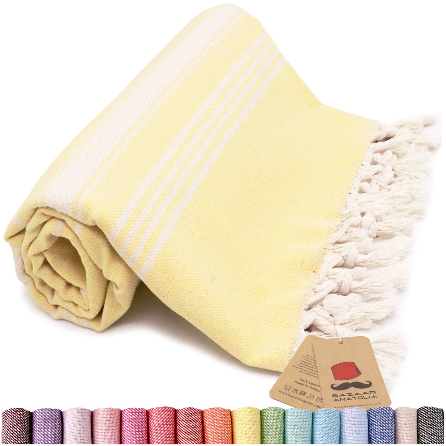 Bazaar Anatolia Turkish Beach Towel – 100% Cotton, Quick Dry, Sand Free Towel for Bathroom, Camping, Travel – Oversized 71x39 Inches – Stripe Yellow