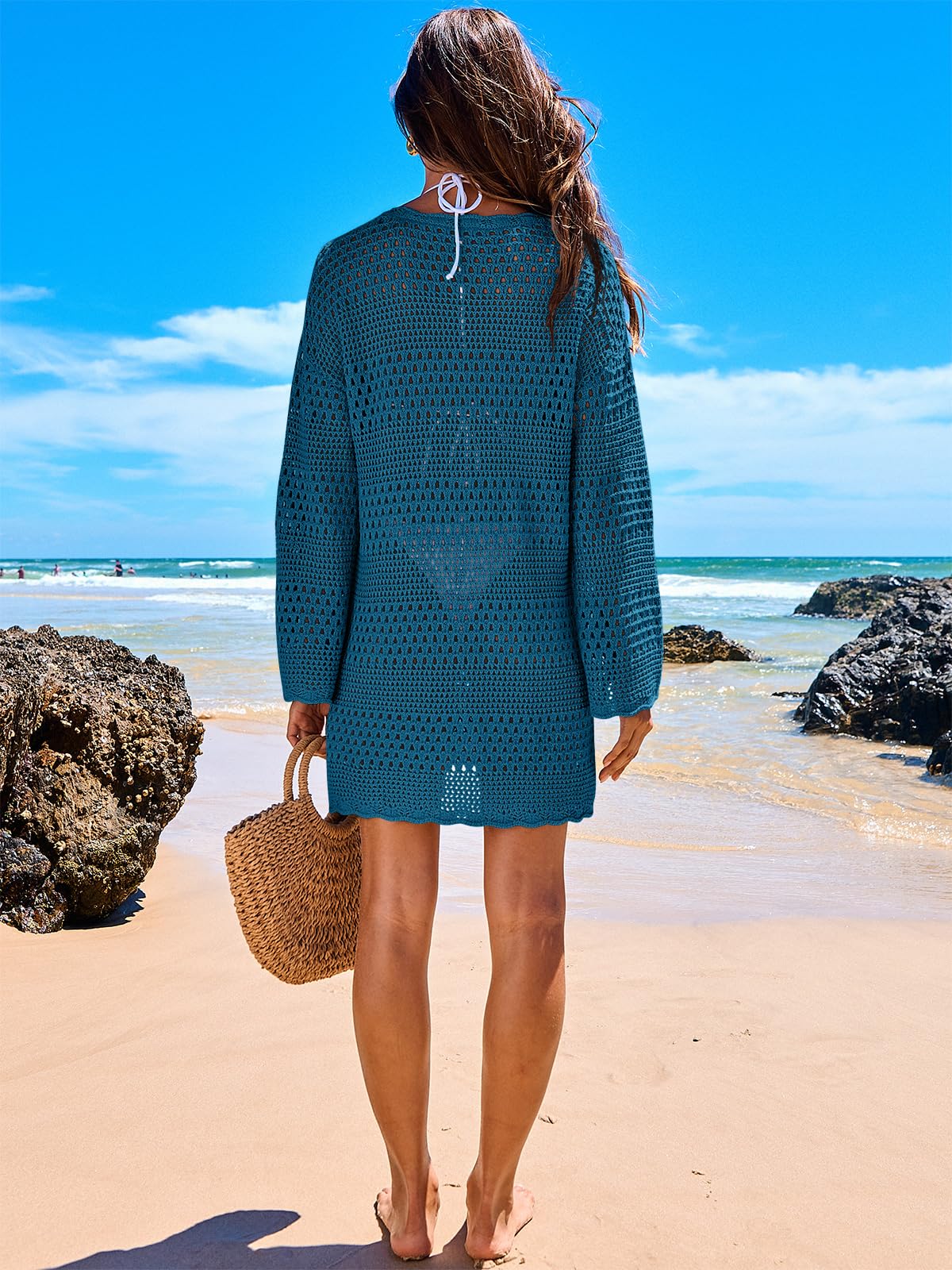 ANRABESS Women Swimsuit Crochet Swim Cover Up 2026 Summer Bathing Suit Swimwear Mesh Knit Beach Dress Vacation Outfits Cyan Medium