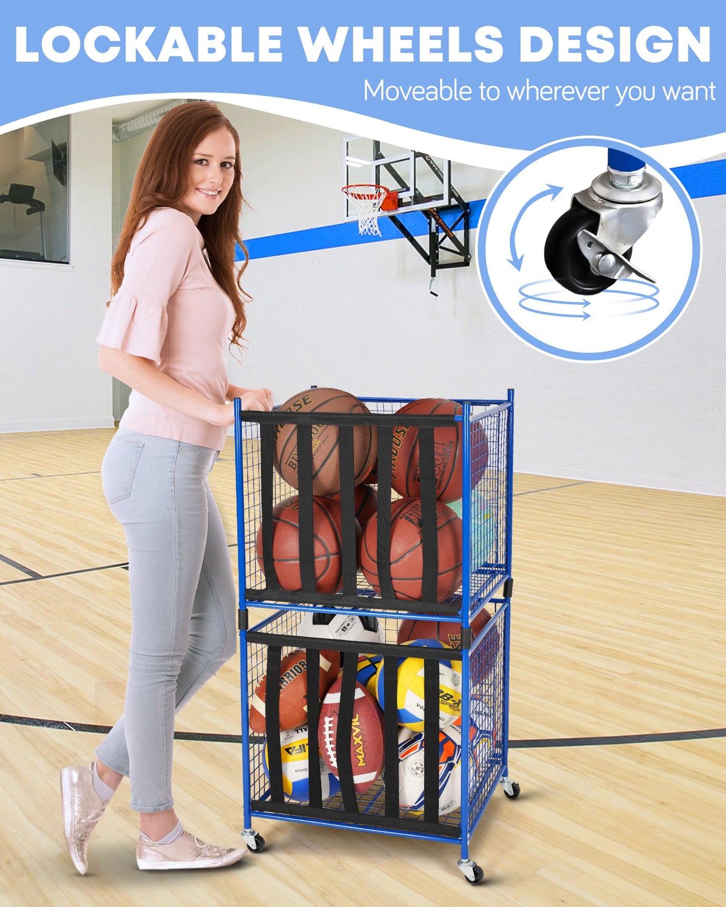 Mythinglogic Rolling Sports Ball Storage Cart, Sports Lockable Ball Storage Locker with Casters, Stackable Ball Cage for Garage Storage Garage Organizer (2 Pack Blue)