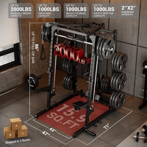 GarveeLife Smith Machine, 2000LBS Squat Rack for Home Gym, Multi-Function Power Cage Cable Crossover System Strength Training Equipment, Lat Pulldown Machines with 8 Weight Storage Pin, T-Bar and More