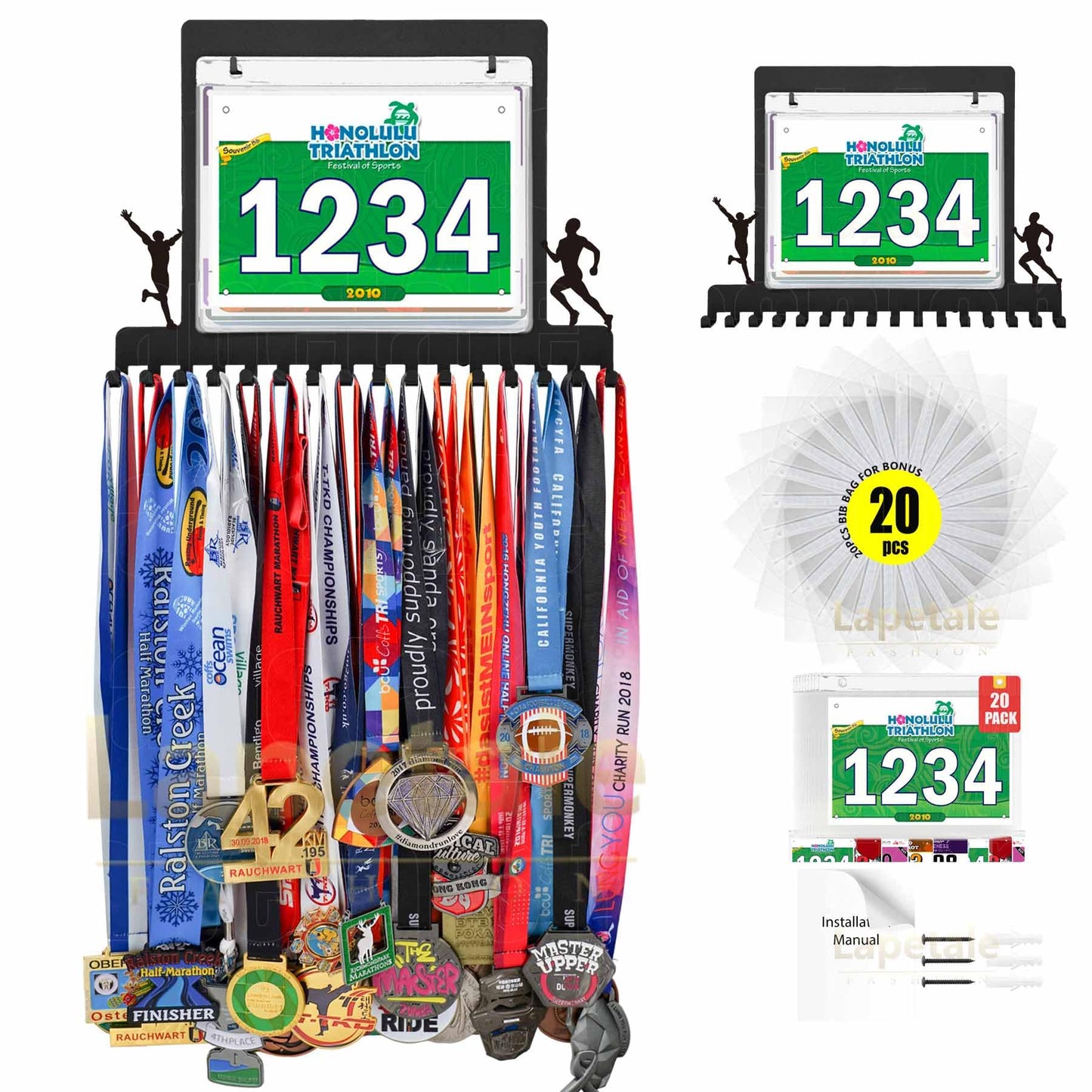 Running Marathon medal hanger display, Race Bib and Medal Display for Runners, Metal Marathon Medal Hanger Display with Bib Holder, Running Medal Hanger Display for Wall, Marathon Runner Gift Male