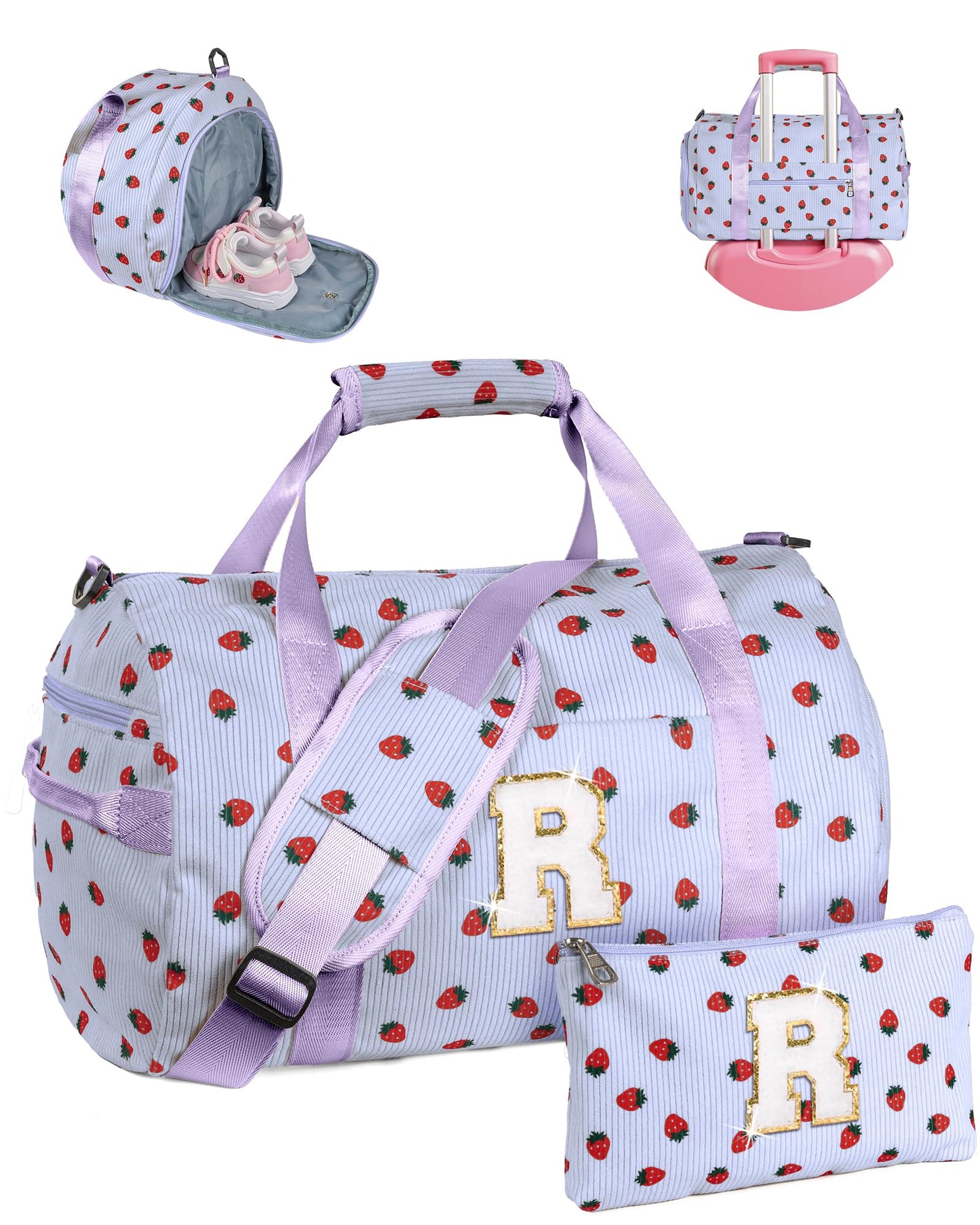 Vogewood Trip Essentials for Teen, Girls Gym Bag, Kids Personalized Overnight Duffle Bags with Shoe Compartment, Monogram Travel Tote with Makeup Bag, Sweet 16 Gifts for Girl (Letter R)